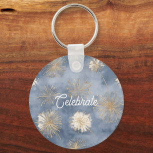 Blue Gold White Fireworks Celebrate Keychain