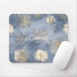 Blue Gold White Fireworks Celebrate Mouse Pad