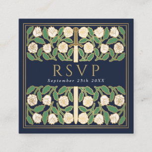 Blue Gold White Floral Royal Wedding RSVP QR Code  Enclosure Card