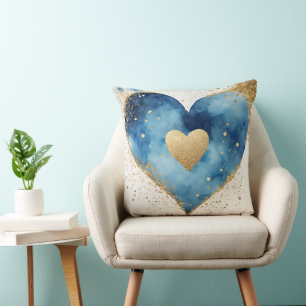 BLUE GOLD WHITE GLITTER LOOK VALENTINE HEARTS THROW PILLOW
