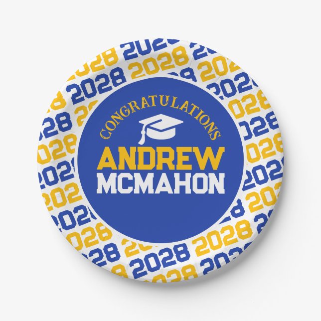 Blue, Gold & White Graduation Personalized Paper Plate (Front)