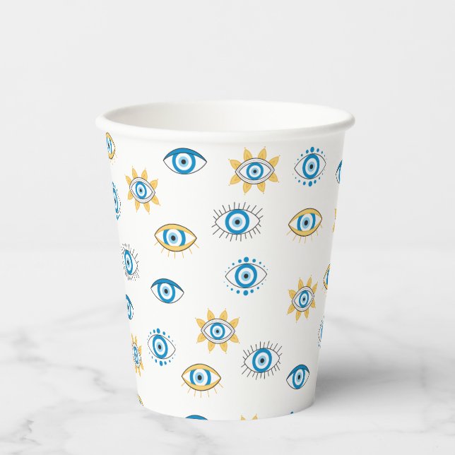 Blue, Gold & White Greek Eye Mati Pattern Paper Cups (Front)