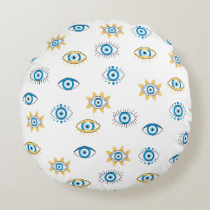 Blue, Gold & White Greek Eye Mati Pattern Round Pillow