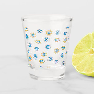 Blue, Gold & White Greek Eye Mati Pattern Shot Glass
