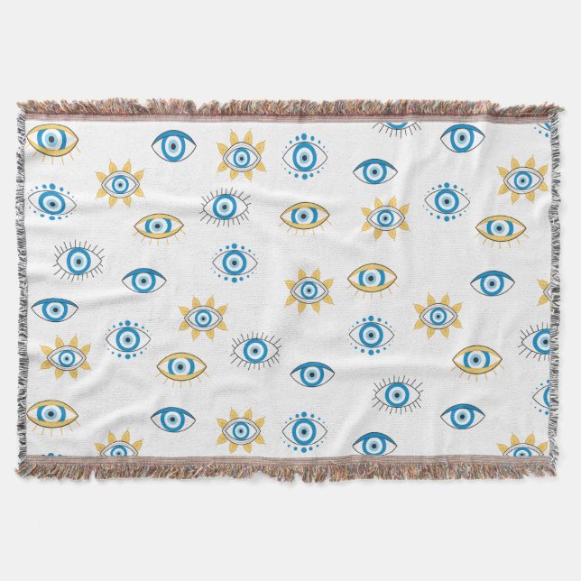Blue, Gold & White Greek Eye Mati Pattern Throw Blanket (Front)