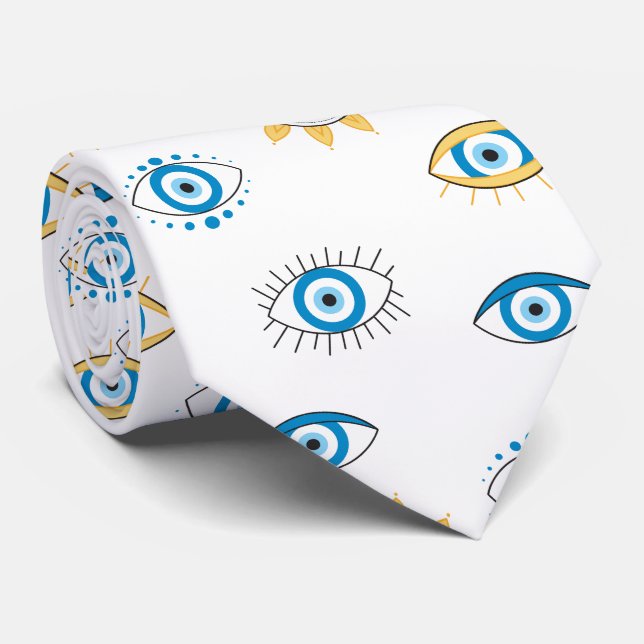 Blue, Gold & White Greek Eye Mati Pattern Tie (Rolled)