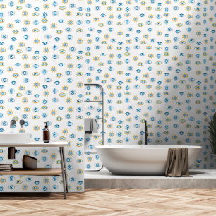 Blue, Gold & White Greek Eye Mati Pattern Wallpaper