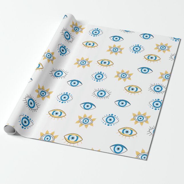 Blue, Gold & White Greek Eye Mati Pattern Wrapping Paper (Unrolled)
