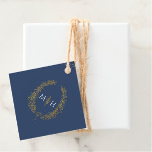 Blue gold white leaf oval wreath art wedding favour tags