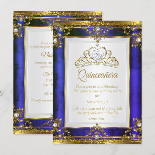 Blue Gold White Pearl Princess Quinceanera Invitation