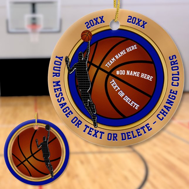 Blue Gold White Personalized Basketball Ornaments (Gifts for Basketball Boys. Basketball Ornaments. Blue and Gold. Personalized Basketball Ornaments.)