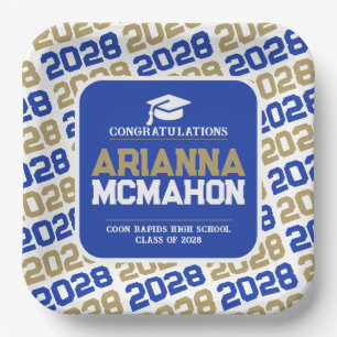 Blue, Gold & White Personalized Graduation Pape Paper Plate