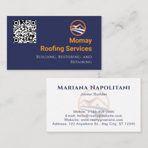 Blue Gold White Roofing Contractor QR Code Business Card