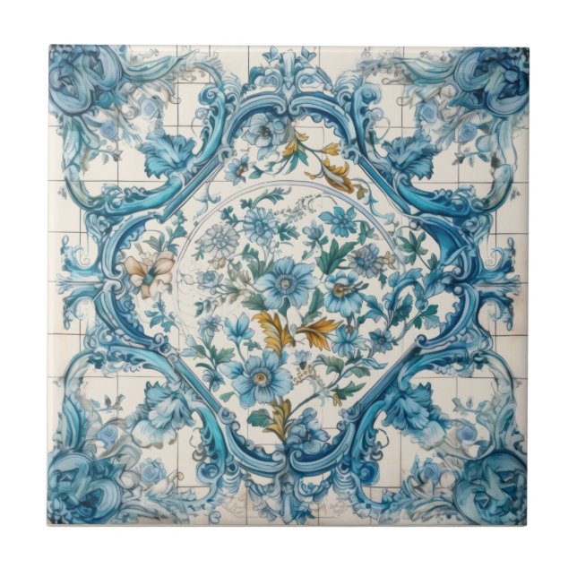 Blue Gold & White Talavera Azulejo Look Tile 3 (Front)