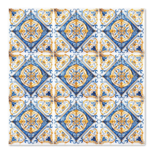Blue Gold & White Talavera Azulejo Look Tile  Wallpaper