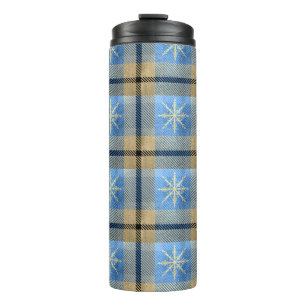 BLUE & GOLD WINTER SNOWFLAKE PLAID PATTERNS THERMAL TUMBLER