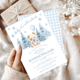 Blue Gold Winter Trees Teddy Bear  Baby Boy Shower Invitation