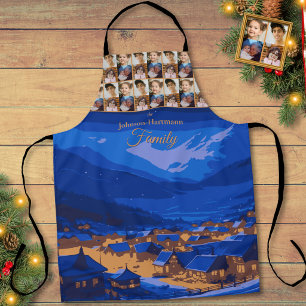 Blue Gold Winter Village Family Holidays Photo Apron