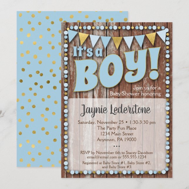 Blue Gold Wood It's A Boy Baby Shower Invitation (Front/Back)