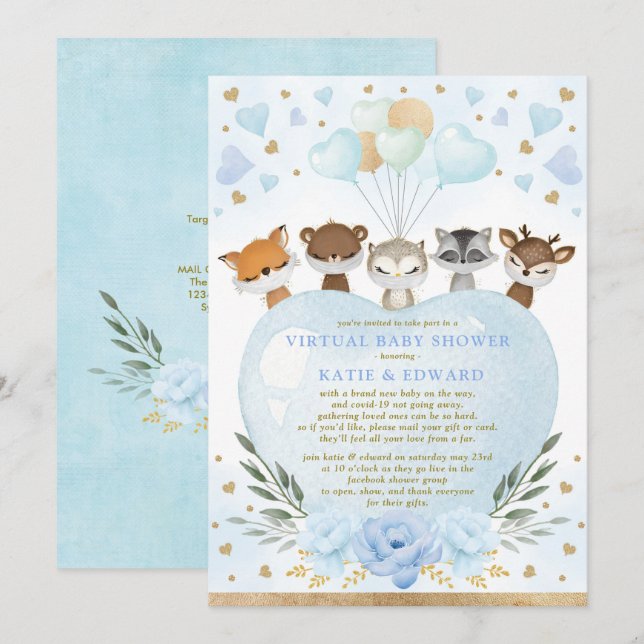 Blue Gold Woodland Valentines Virtual Baby Shower Invitation (Front/Back)