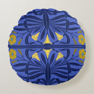 Blue & Golden Art Nouveau Round Pillow