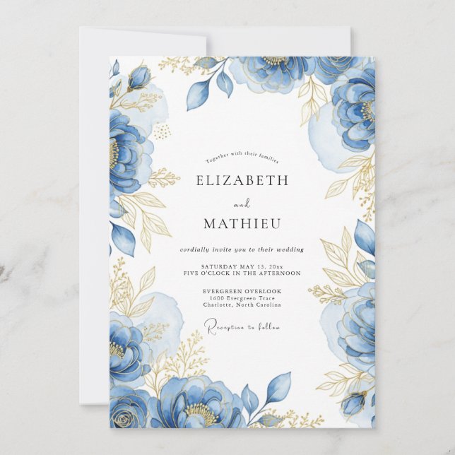 Blue Golden Bloom Romance Wedding Invitation (Front)