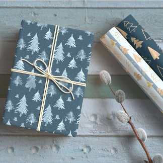 Blue Golden Christmas Tree Holiday Wrapping Paper Sheet