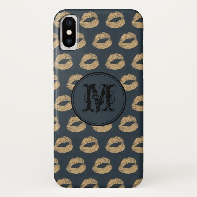 Blue golden lips Gothic Personalized Monogram Case-Mate iPhone Case (Back)