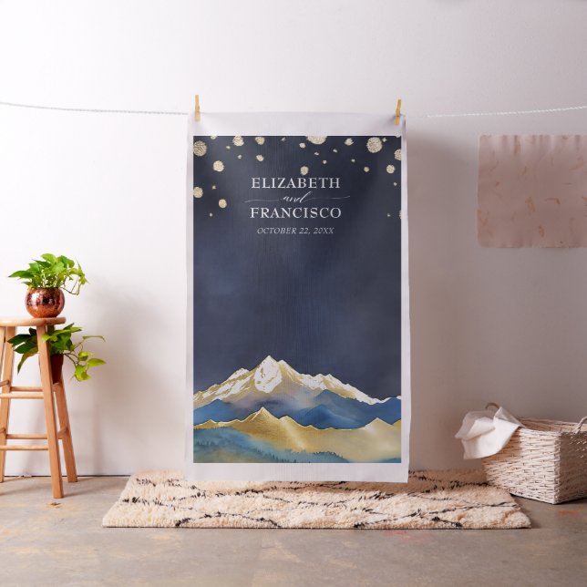 Blue Golden Mountains Wedding Photo Booth Backdrop (In Situ)