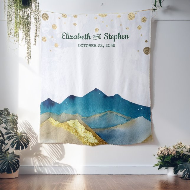 Blue Golden Mountains Wedding Photo Booth Backdrop Tapestry (Creator Uploaded)