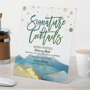 Blue Golden Mountains Wedding Signature Drink Menu Pedestal Sign