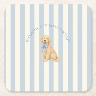 Blue Golden Retriever Baby Shower Square Paper Coaster