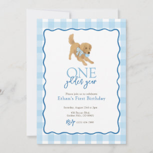 Blue Golden Retriever Golden Year First Birthday Invitation
