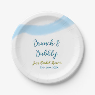 Blue golden watercolor bubbly and brunch bridal sh paper plate