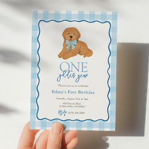 Blue Goldendoodle Dog Golden Year First Birthday Invitation