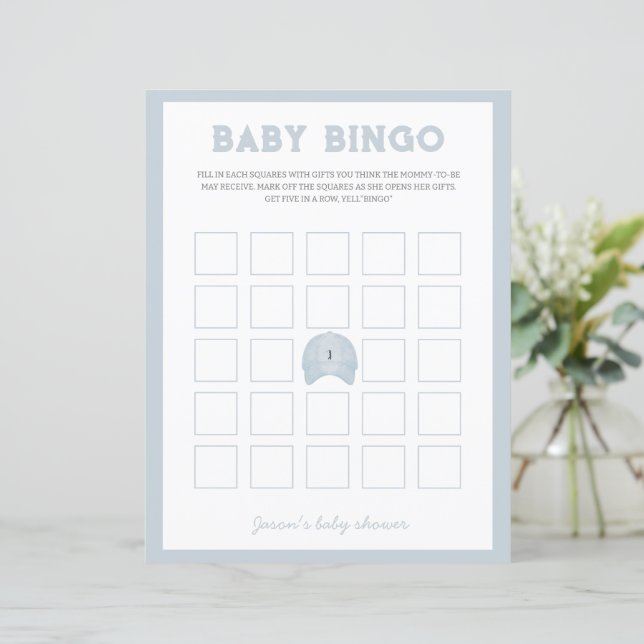 Blue golf baby shower bingo game (Standing Front)