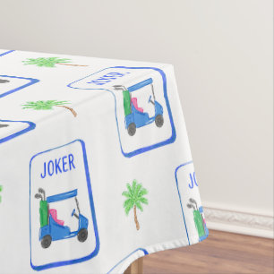 Blue Golf Cart Joker Mahjong Tropical Palm Tree Tablecloth