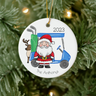 Blue Golf Cart Santa Reindeer Personalized Ceramic Ornament