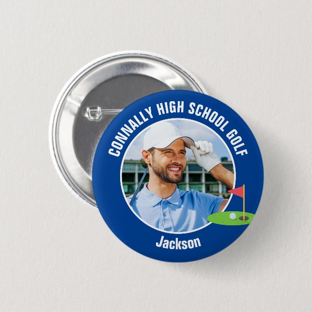 Blue Golfer Photo High School Golf Team 2 Inch Round Button (Front & Back)