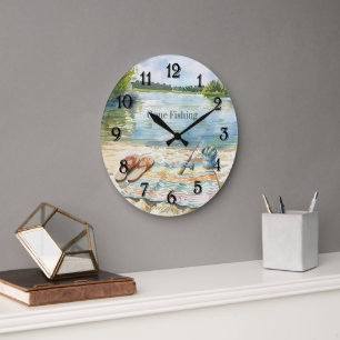 Blue Gone Fishing Bucket Lake Large Clock