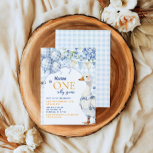 Blue Goose First Birthday Invite Cute Gingham Farm