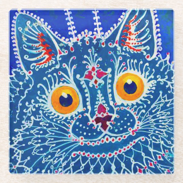 Blue Gothic Cat Glass Coaster (Front)