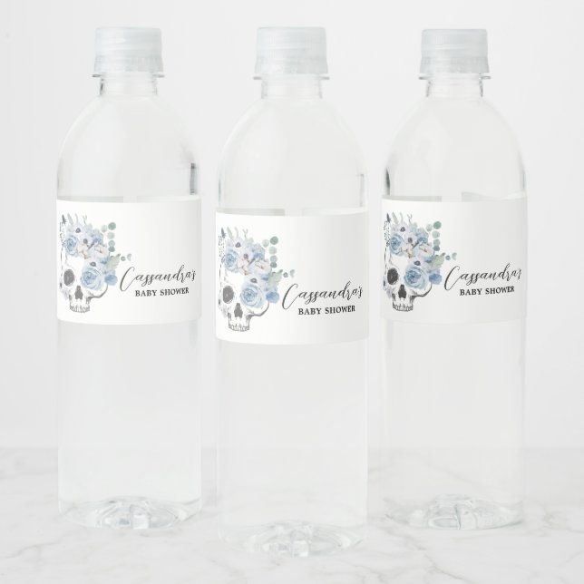 Blue Gothic Floral Skull Baby Shower Water Bottle Label (Bottles)