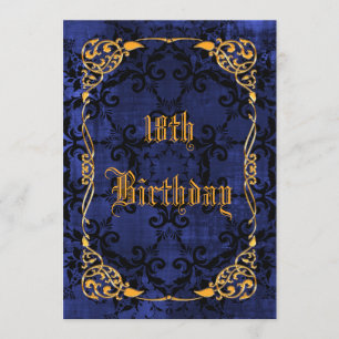 Blue Gothic & Gold Framed 18th Birthday Invitation