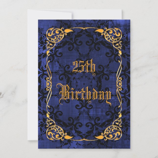 Blue Gothic & Gold Framed 25th Birthday Invitation (Front)
