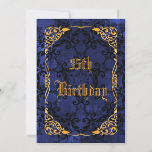 Blue Gothic & Gold Framed 35th Birthday Invitation