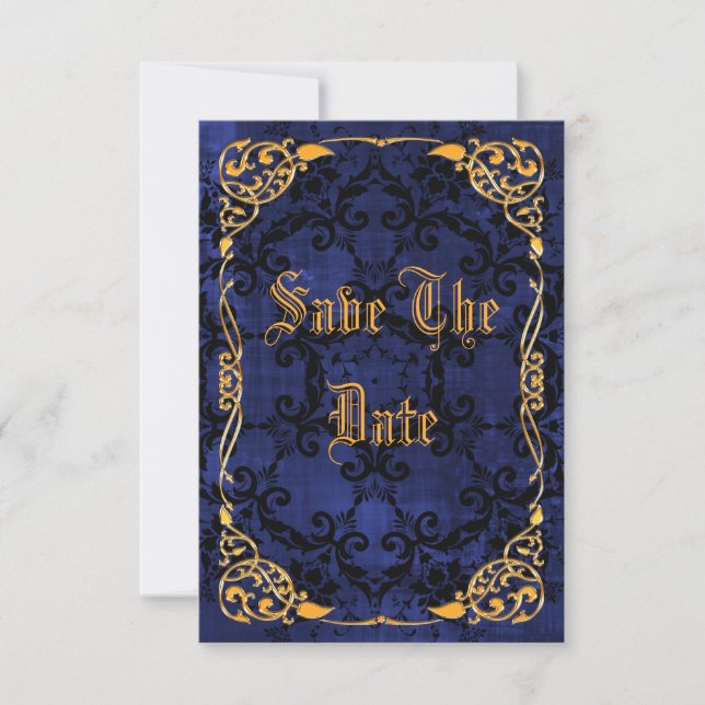 Blue Gothic & Gold Framed 60th Save The Date (Front)