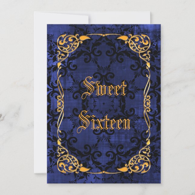 Blue Gothic & Gold Framed Sweet 16 Invitation (Front)