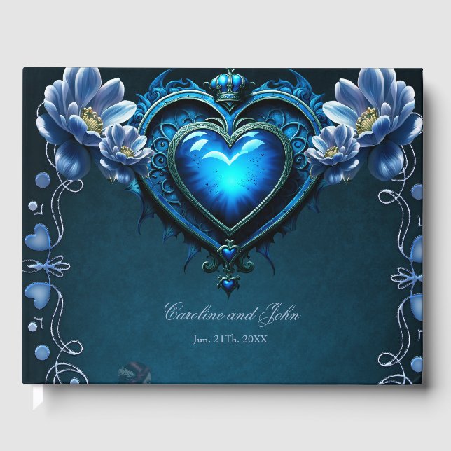 Blue gothic heart surrounded by magical flowers guest book (Front)