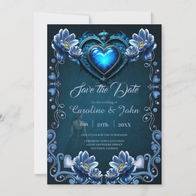 Blue gothic heart surrounded by magical flowers save the date (Front)